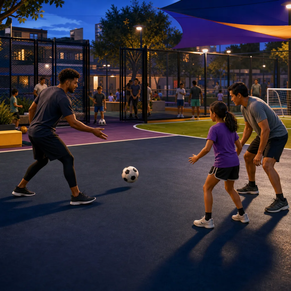 Illustrated PitchQuest Arena scene accompanying the Children and families privacy section