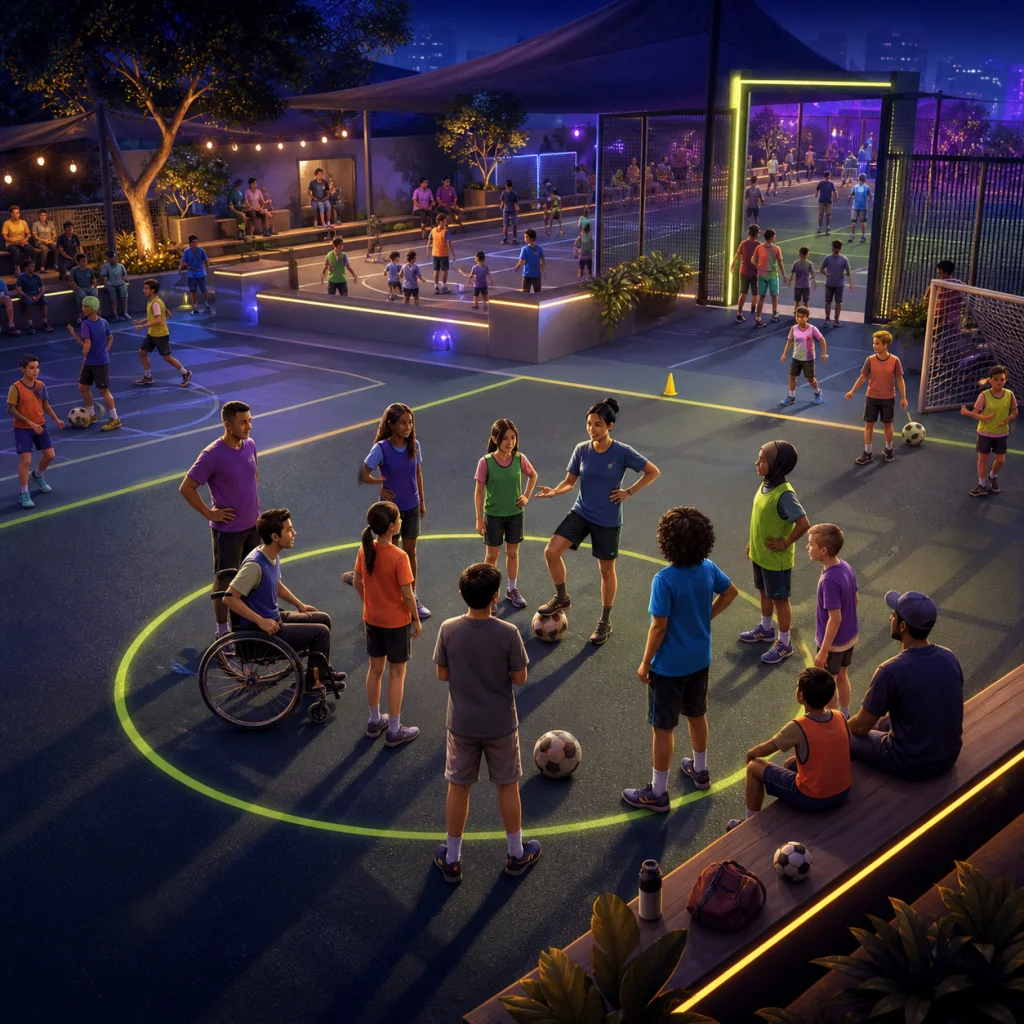 Illustrated PitchQuest Arena scene accompanying the Policy scope and changes privacy section